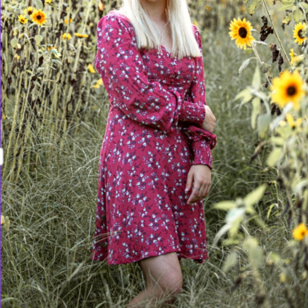 Blue Rain Cottagecore Floral Print Pink Smocked Long Sleeve Mini Dress